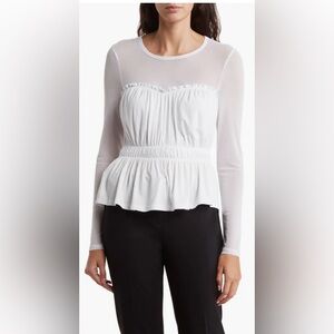 BCBG NWT Mixed Media Sheer and Opaque White Peplum Top Sz Extra Small $78
